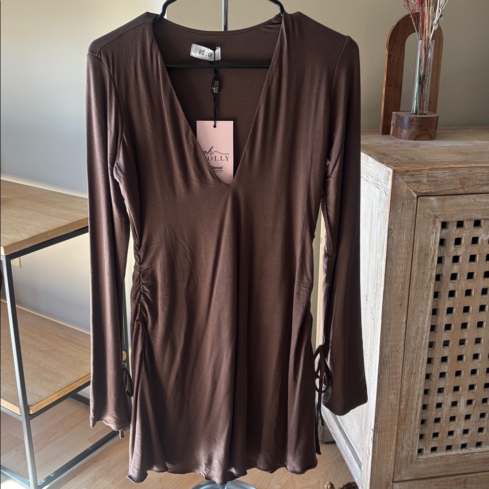 NWT Oh Polly Iskra Brown Modal Long Sleeve Mini Dress Chocolate Brown Large - Picture 7 of 9